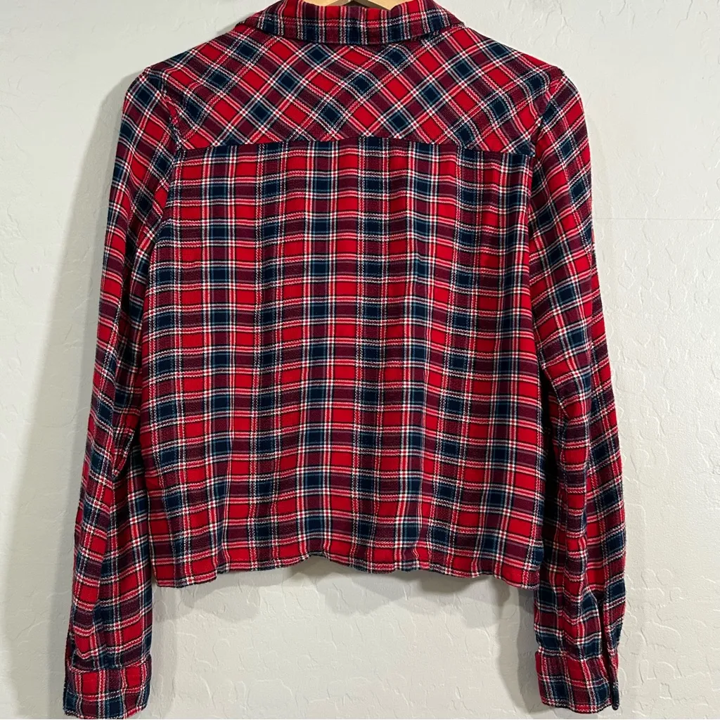 Forever 21 Red Navy Plaid Western Grunge Shirt Soft Rayon Cropped Fit Large - Image 5
