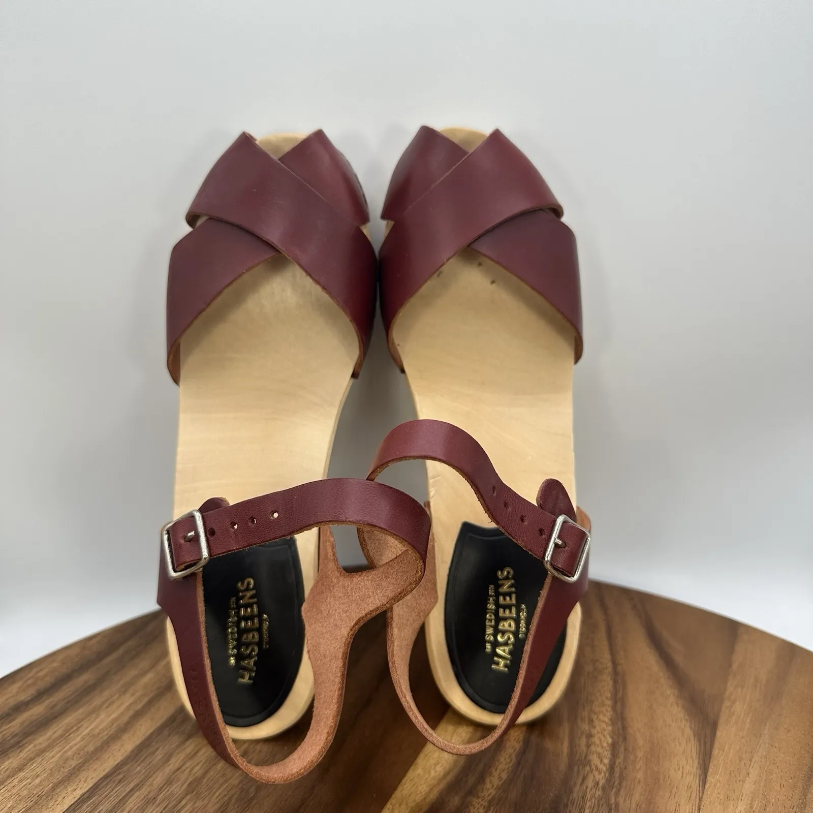 Swedish Hasbeens Merci‎ Clogs Heeled Sandals Wine Red Wooden Women's 37 US 7 - Image 7