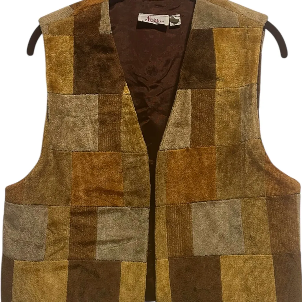 Aladdin Vintage Bohemian Geometric Tapestry Velvet Patchwork Vest Brown Size L - Image 2
