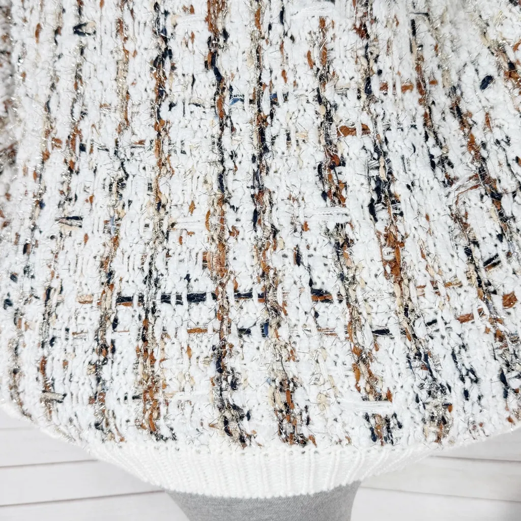 andthewhy Cable Knit Plaid Tweed Knit Back Crew Neck Slouchy Sweater White - Image 10