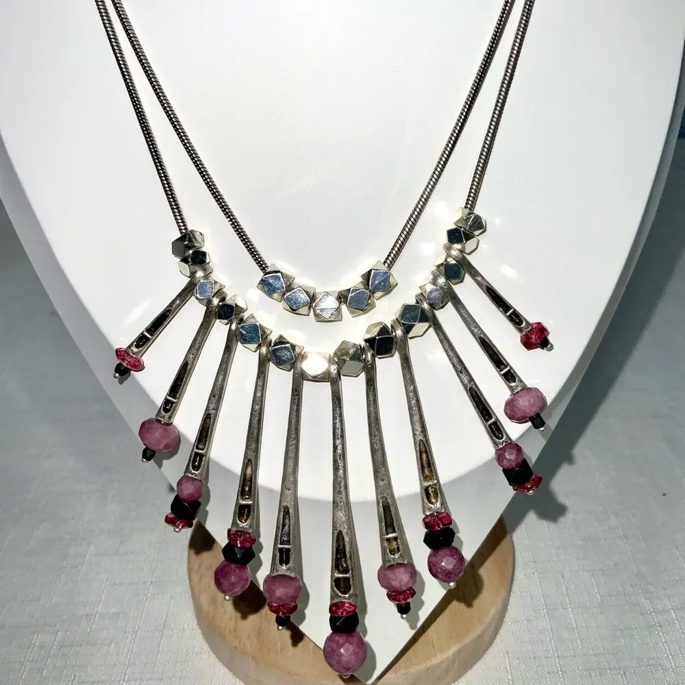 Chico’s Silver Purple Studs Beads Spikes Modern Statement Double Necklace 18-20” - Image 4