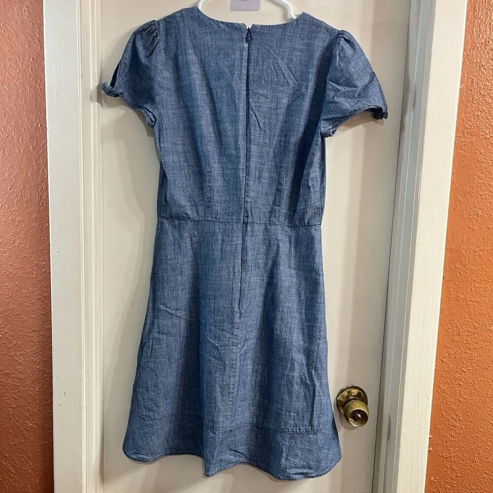 J. Crew Size 0 Denim Chambray Faux Wrap Ruffle Dress Tie Bow Cap Sleeves - Image 4
