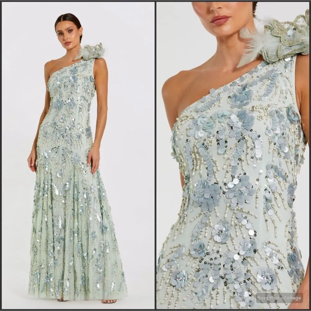 MAC DUGGAL 94151 Green Embellished One Shoulder Trumpet Gown with Flower 2 - Image 2