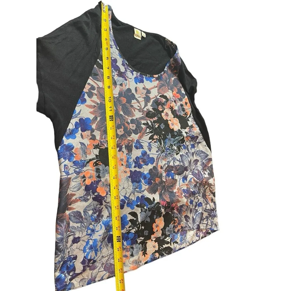Anthropologie Yellow Bird Knit & Sheer Black Floral High Low Short Sleeve Top S - Image 8