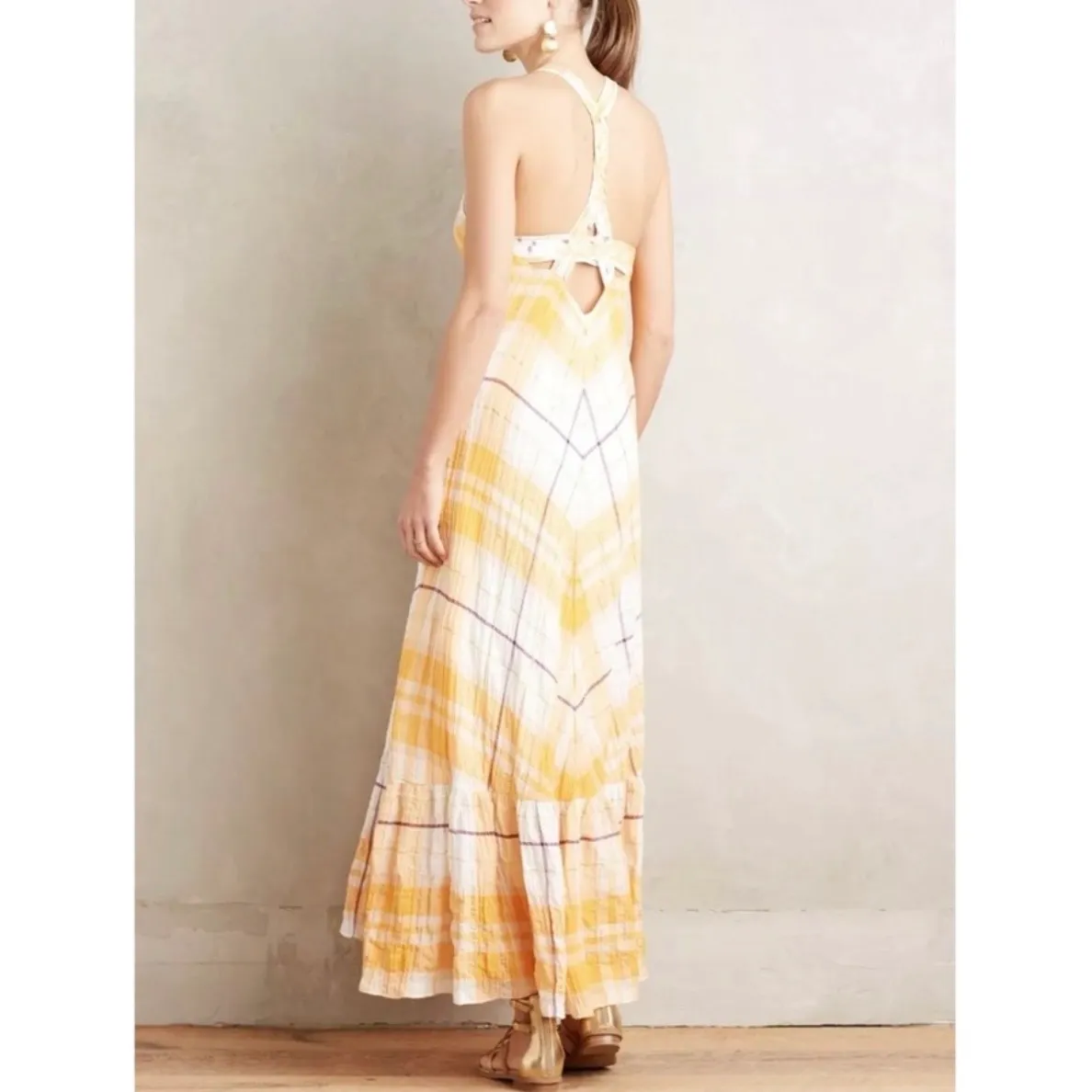 Holding Horses Anthropologie Yellow Plaid Clementine Maxi Dress Medium - Image 7