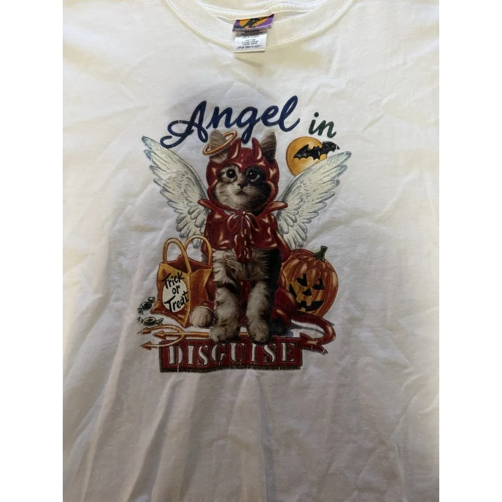 Angel In Disguise Women Cat Halloween T Shirt White Size Large Cotton Kitty‎ - Image 6