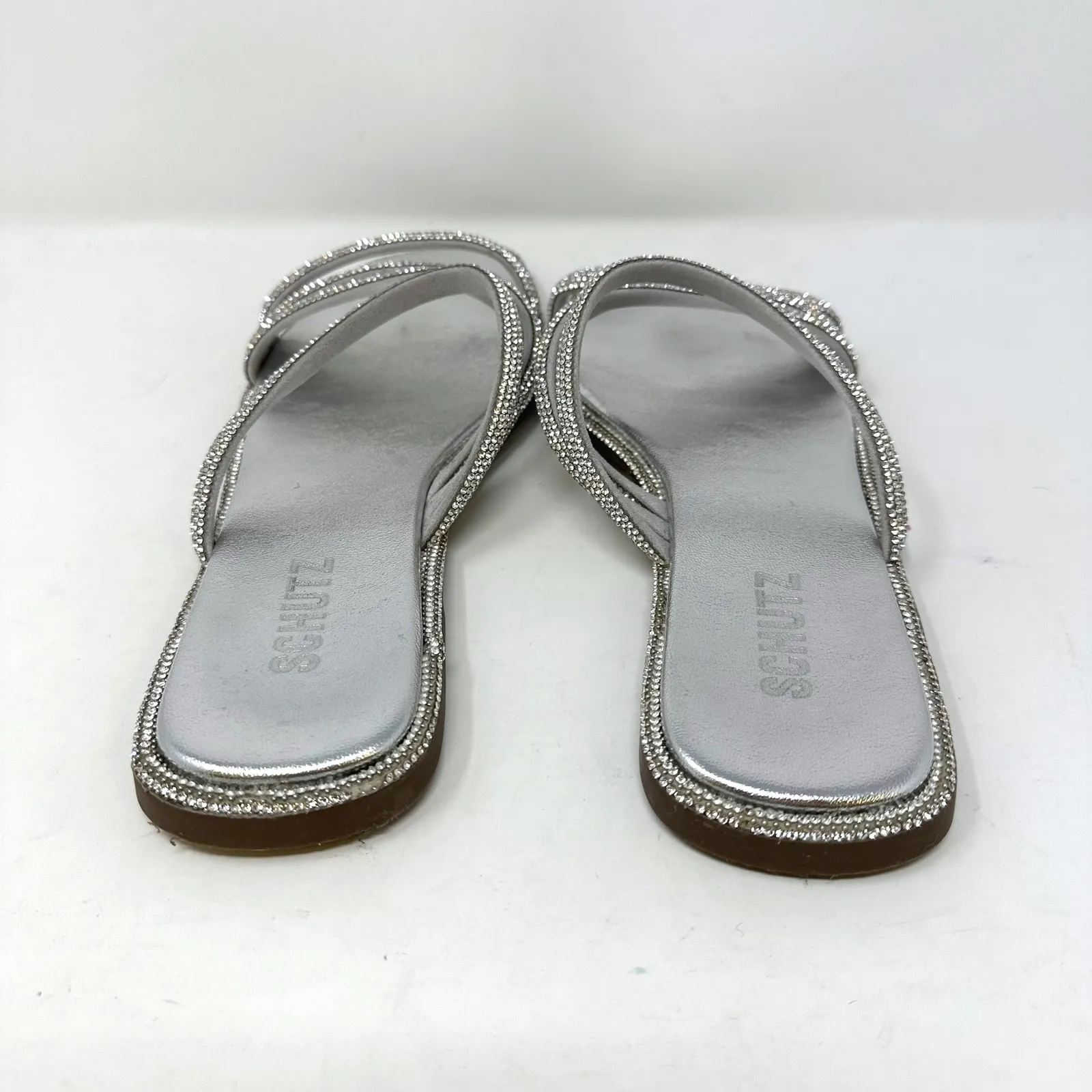 Schutz Crystal Embellished Strappy Flat Silver 10.5B - Image 6