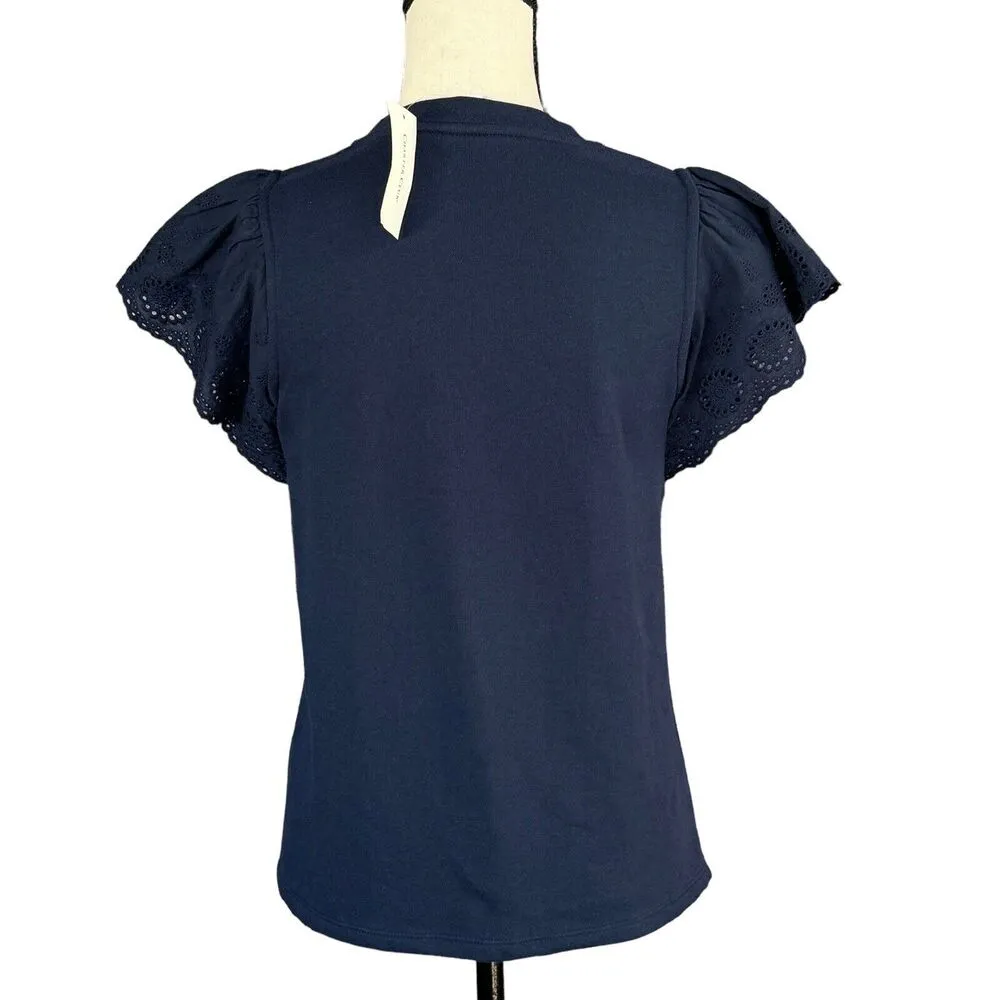 Charter Club Small Sweatshirt Top Flutter Cap Sleeve Stretch Crew Neck Navy Blue - Image 4