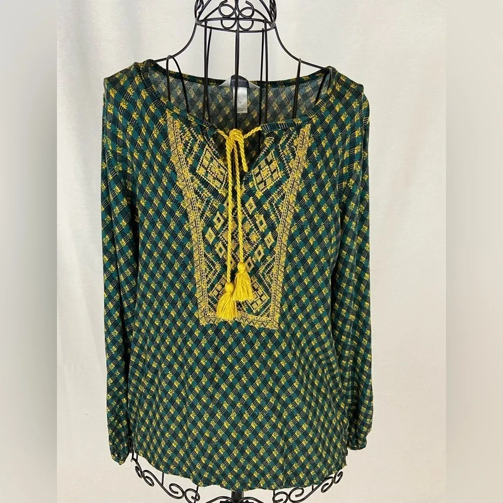 CHRISTOPHER & BANKS Green and Gold Boho Top with Tassels Women’s Size Medium - Image 68