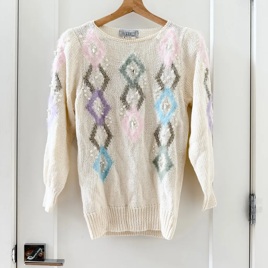 Vintage Nannell Sweater Geometric Pattern Cream, Purple, Blue Pink Size S White - Image 2