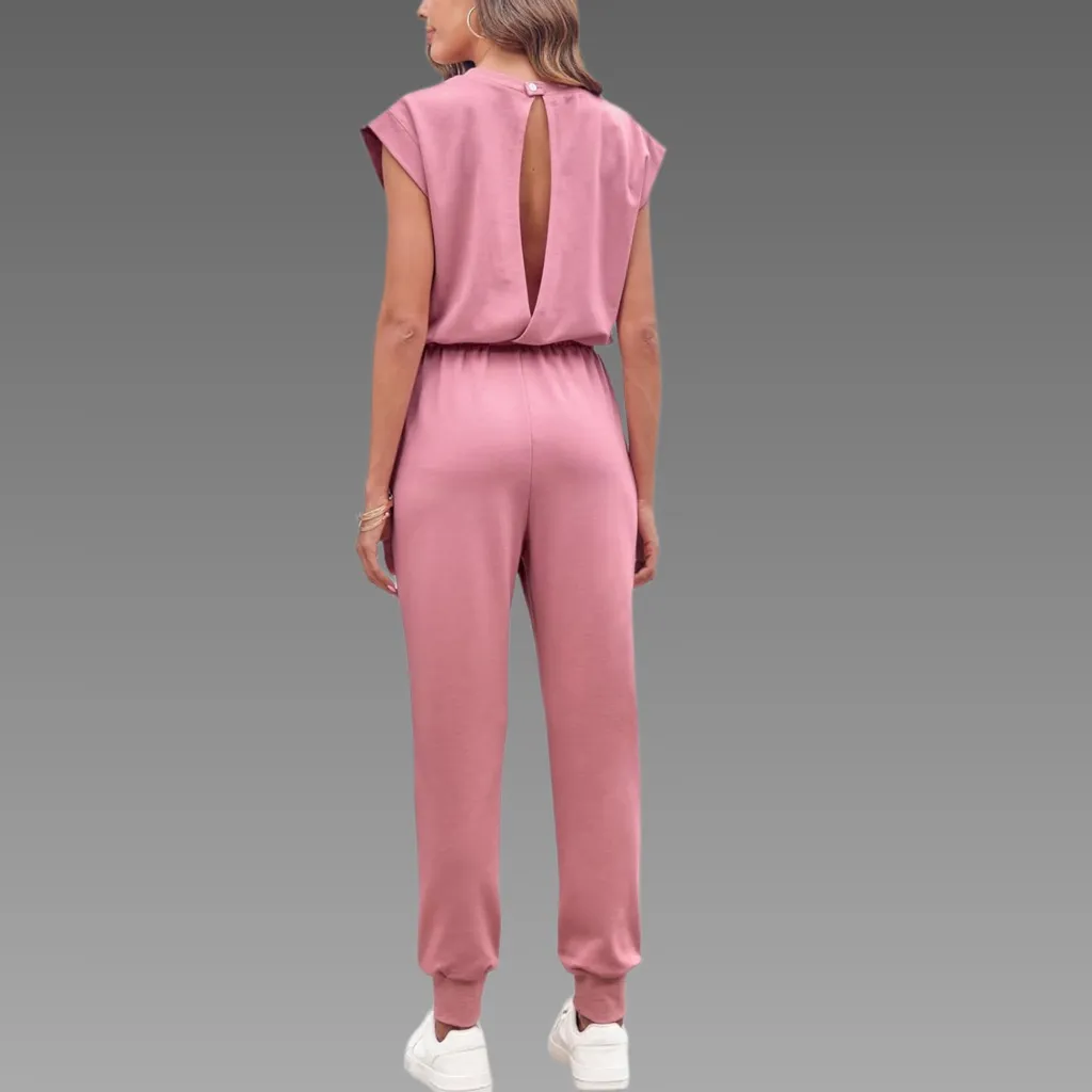 NWT Cap Sleeve Crewneck Open Back Loose Fit Jumpsuit‎ Sz Small Pink - Image 4