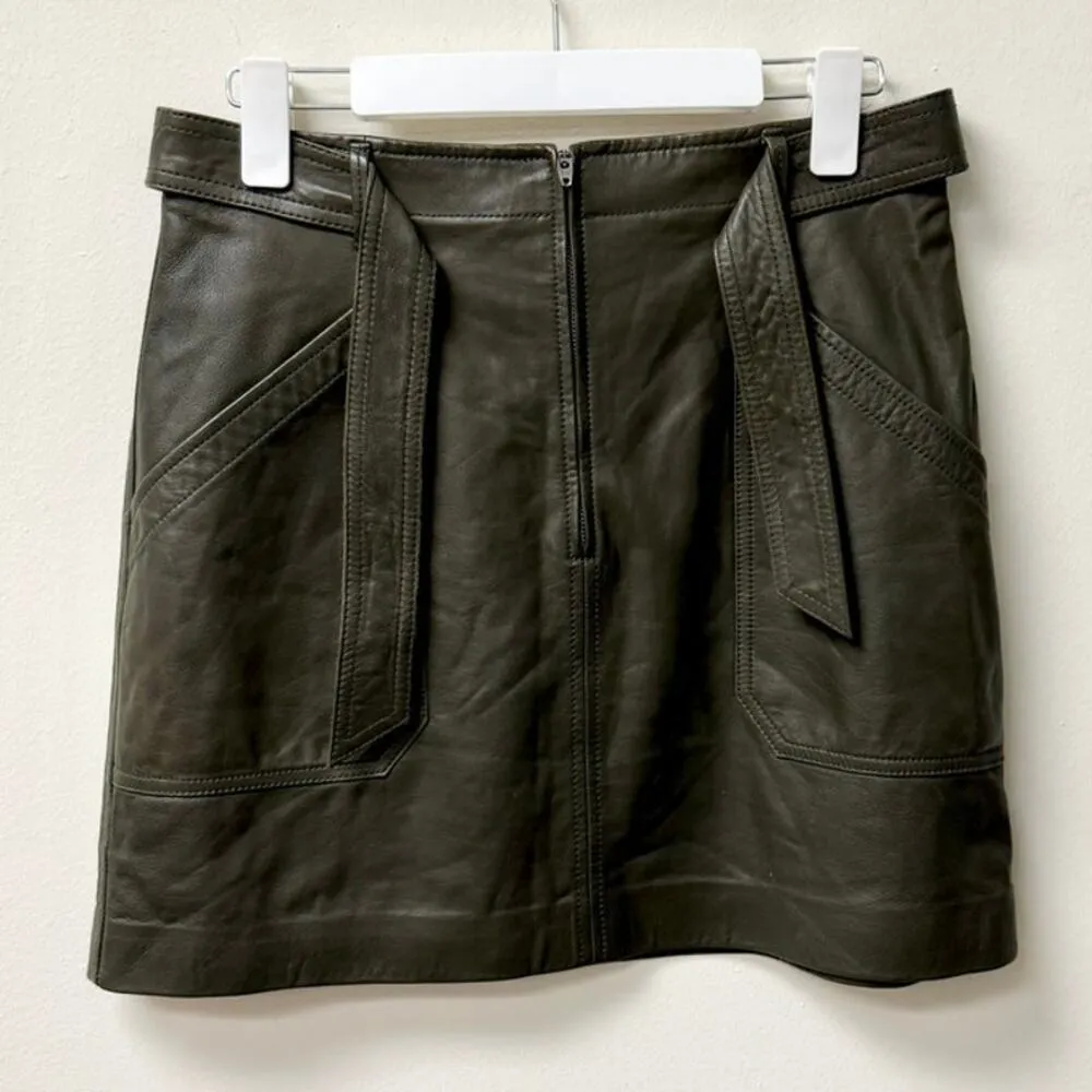 Rebecca Taylor Genuine Lamb Leather Belted Mini Skirt Olive green Women's US 10 - Image 2