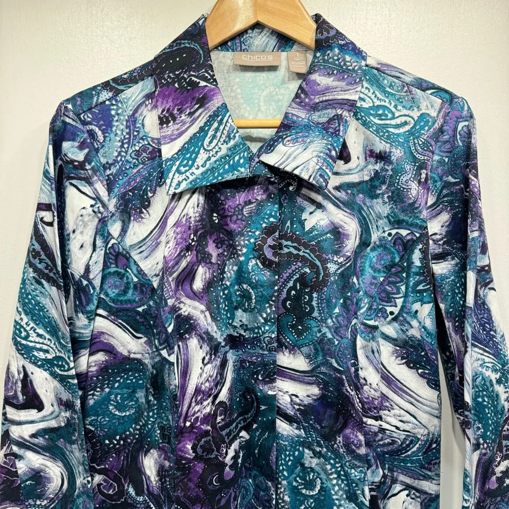 Chico’s Purple Turquoise & Gray Paisley 3/4 Sleeve Snap Front Collared Jacket - Image 6