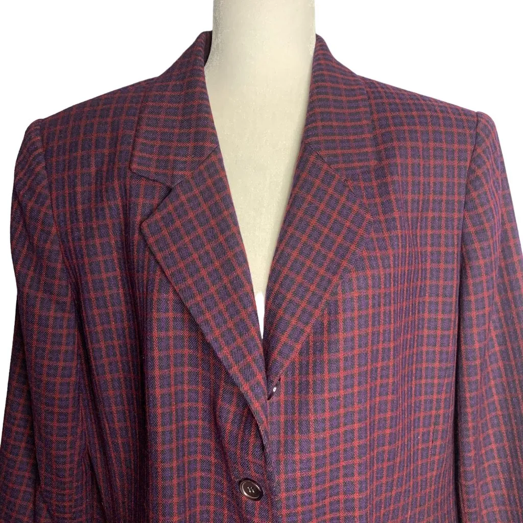Vintage Worsted Wool Blazer Jacket XL Purple Plaid Shoulder Pads Buttons Pockets - Image 2