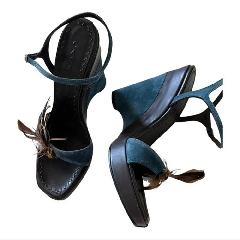 Casadei Vintage Blue Brown Wedge Platform Sandals With feather Details Size 7.5B - Image 7