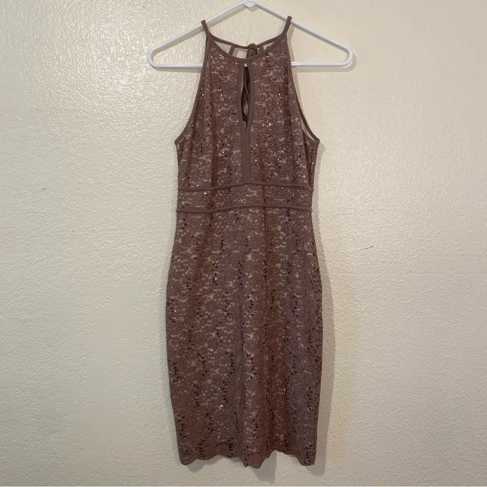 NIGHTWAY Sequin Sparkly Lace Lined Bodycon Halter Formal Dress Size 6P Petite Brown - Image 3