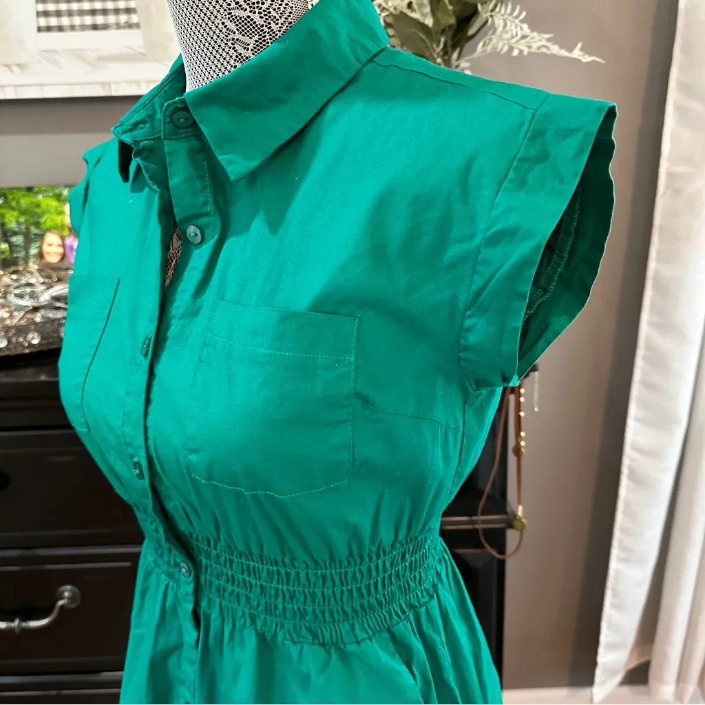 Monteau Los Angeles Emerald Green Button Front Shirtdress – Cinched Waist Medium - Image 4
