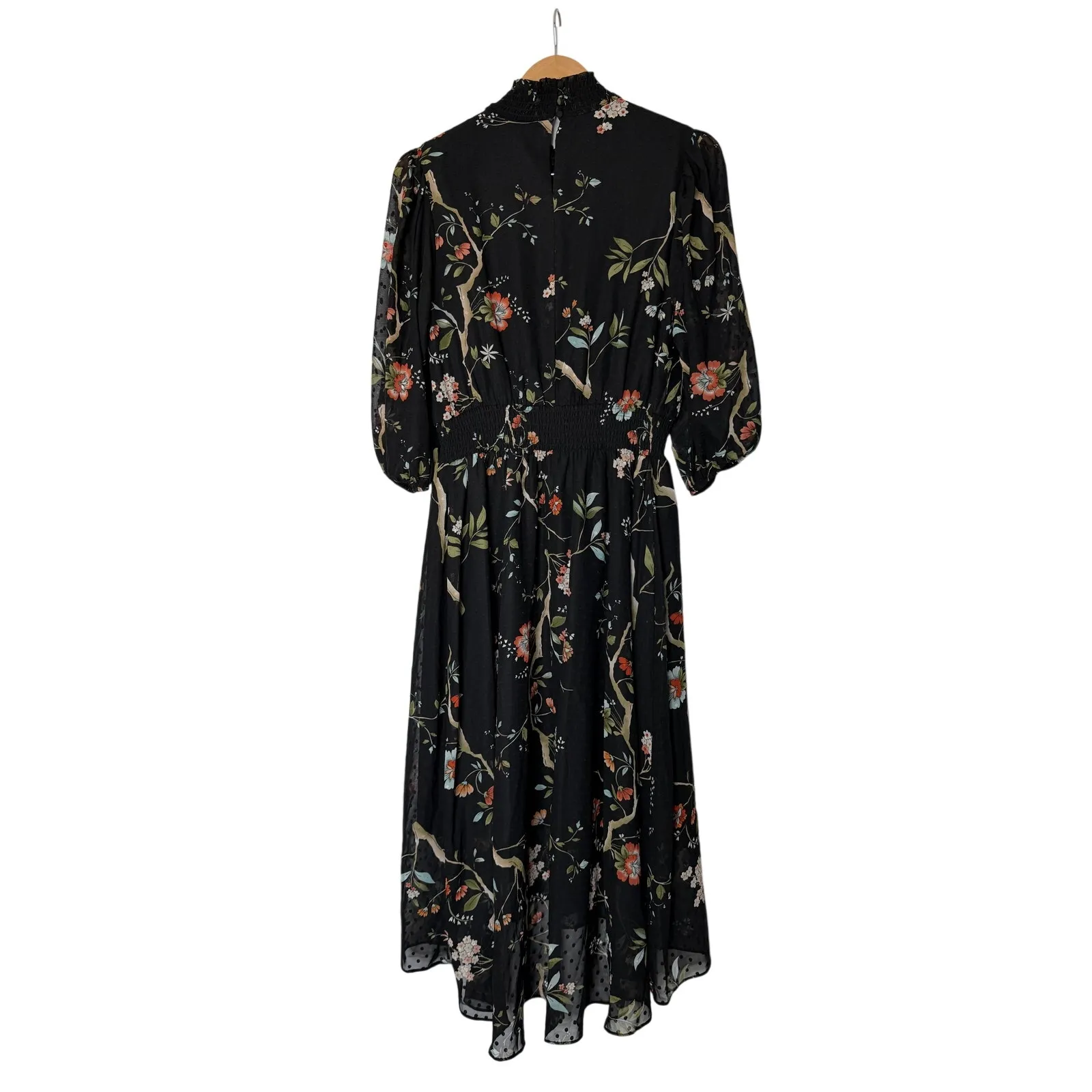NANETTE NANETTE LEPORE Dress Size 8 Floral High Low Midi in Black Smocked Waist - Image 6