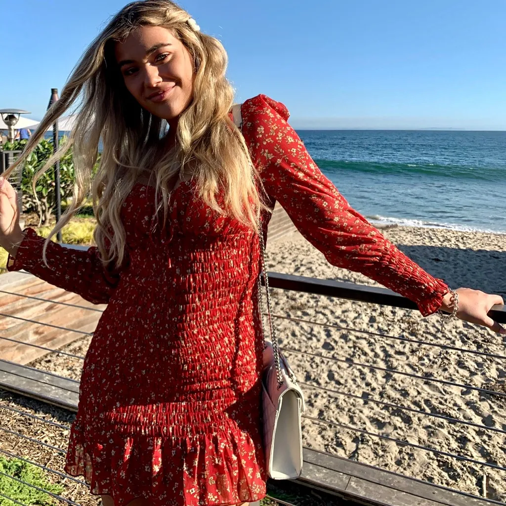 MOVING SALE - Red floral smocked long sleeve ruffle dress - Image 2