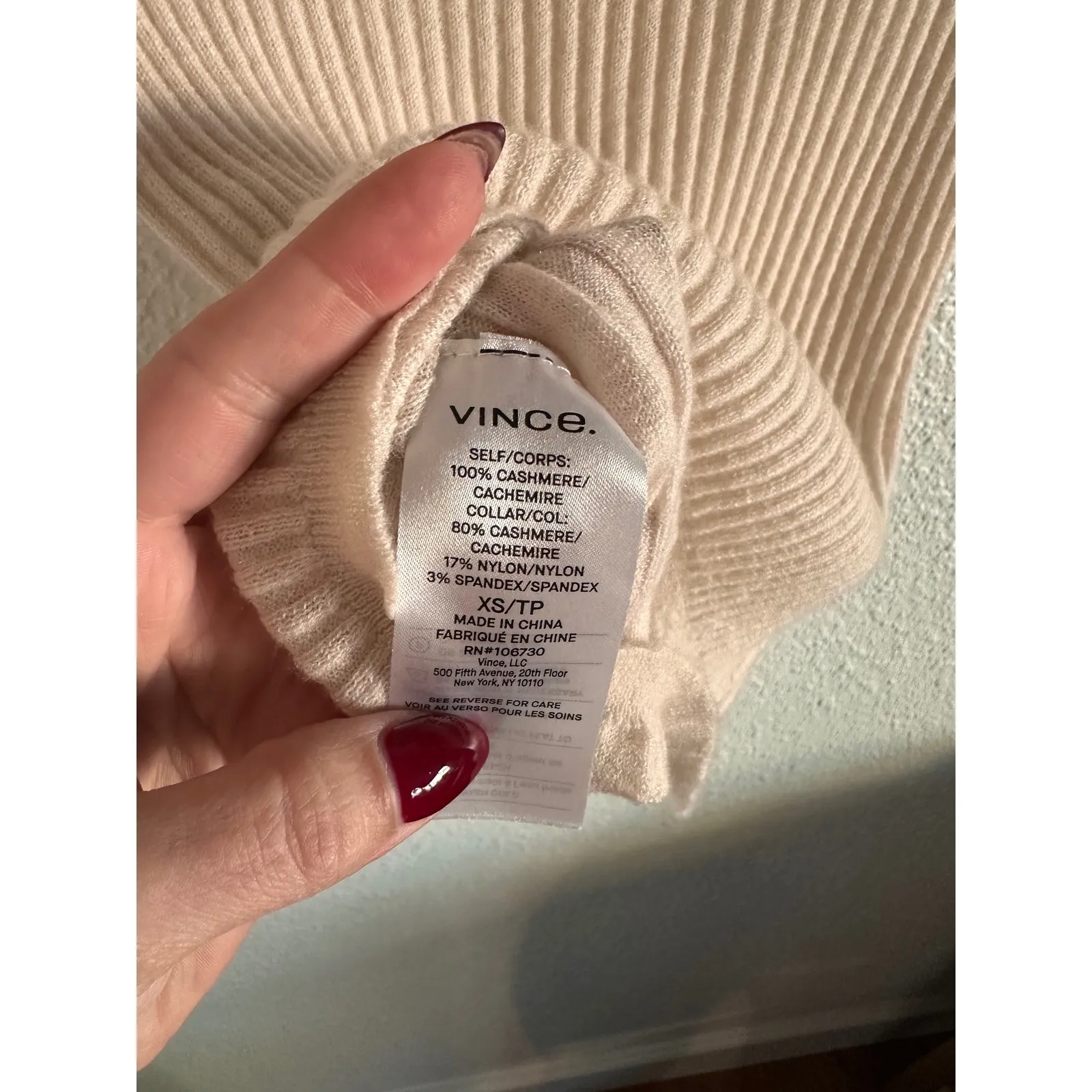 Vince Ribbed Knit Short Sleeve Sweater Top Beige Cashmere Blend XS - Image 4