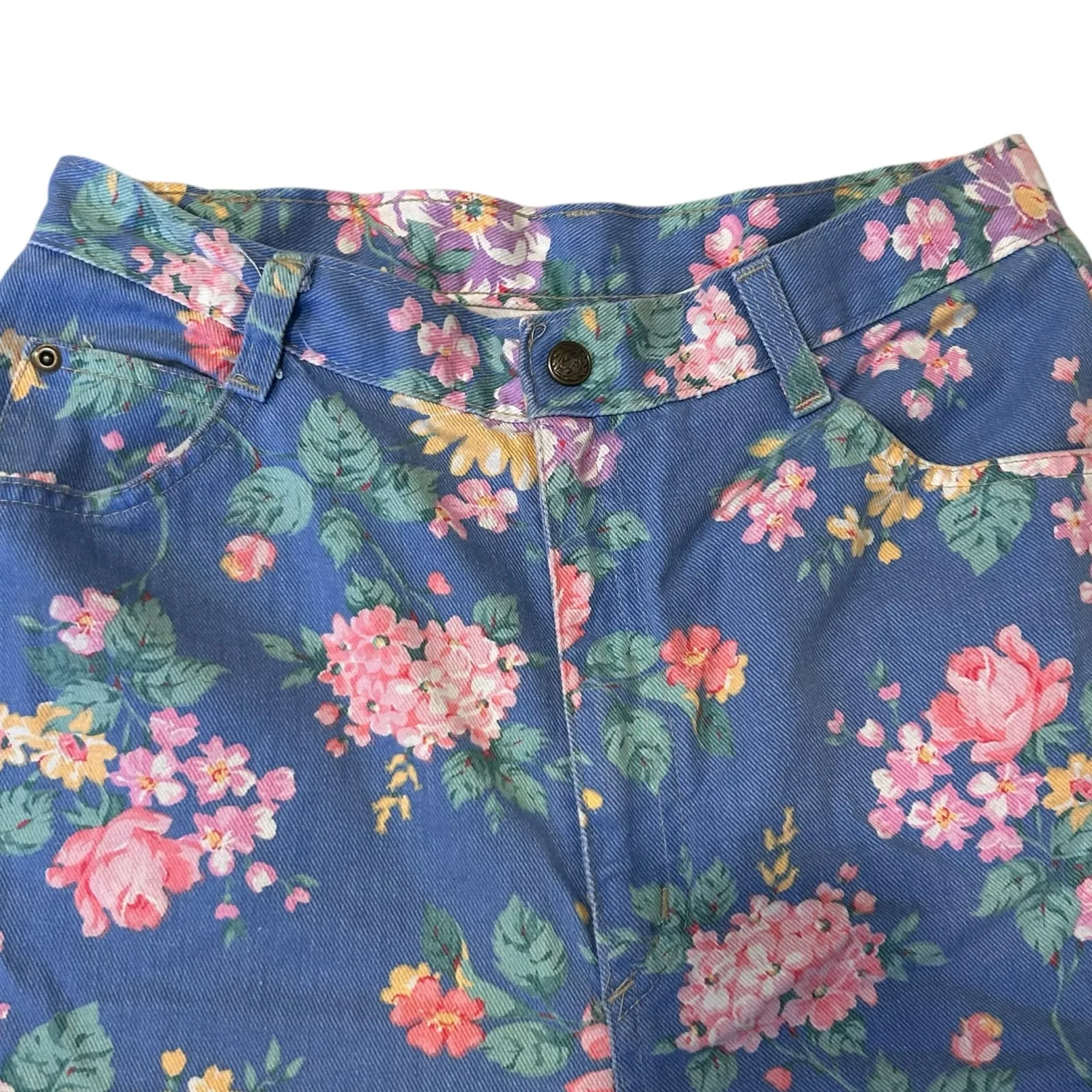 Vintage Floral Denim Bermuda Shorts Sz Small Blue Pink High Waist Festival Cute - Image 9