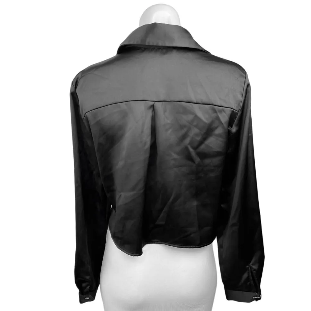Zara Black Silky Satin Button Down Collar Long Sleeve Pockets Crop Shirt Top S - Image 2