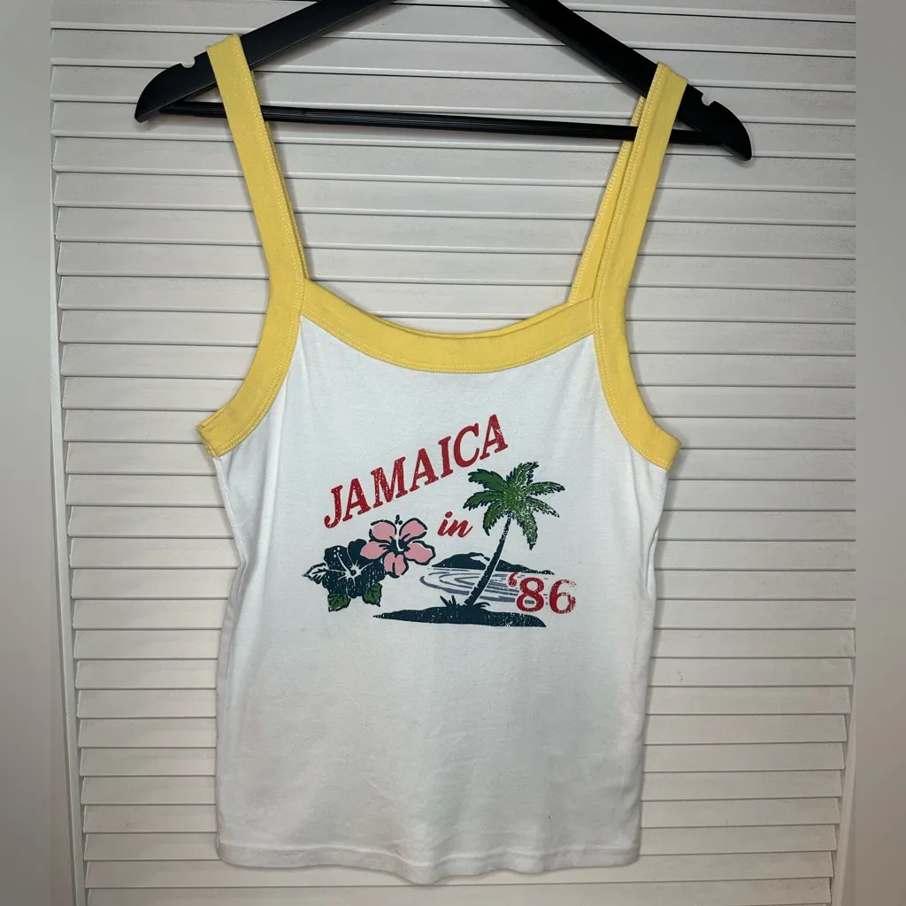 🤍PacSun Jamaica in 86’ Graphic White and Yellow Trim Fitted Tank Top - Image 5