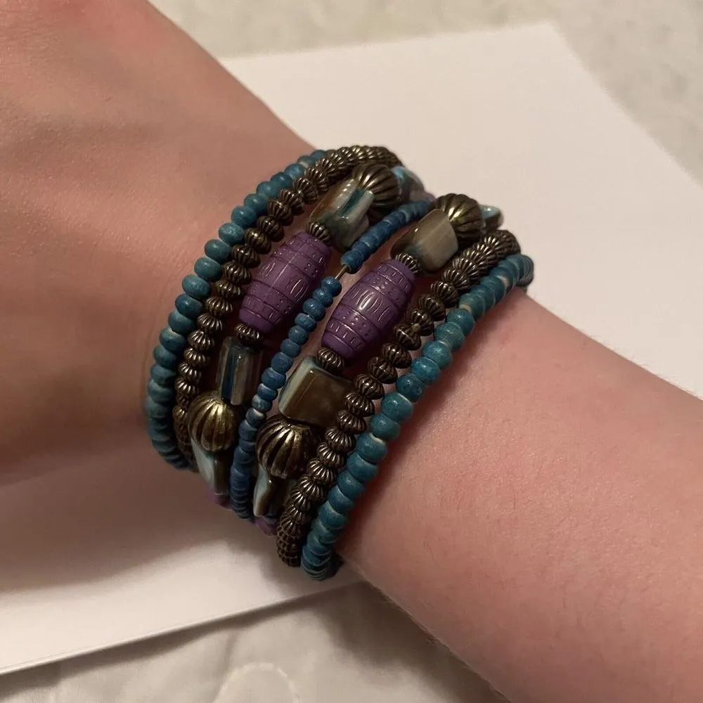 Statement Cuff Stretchy / Adjustable Bead Costume Bracelet Purple / Blue Beaded - Image 7