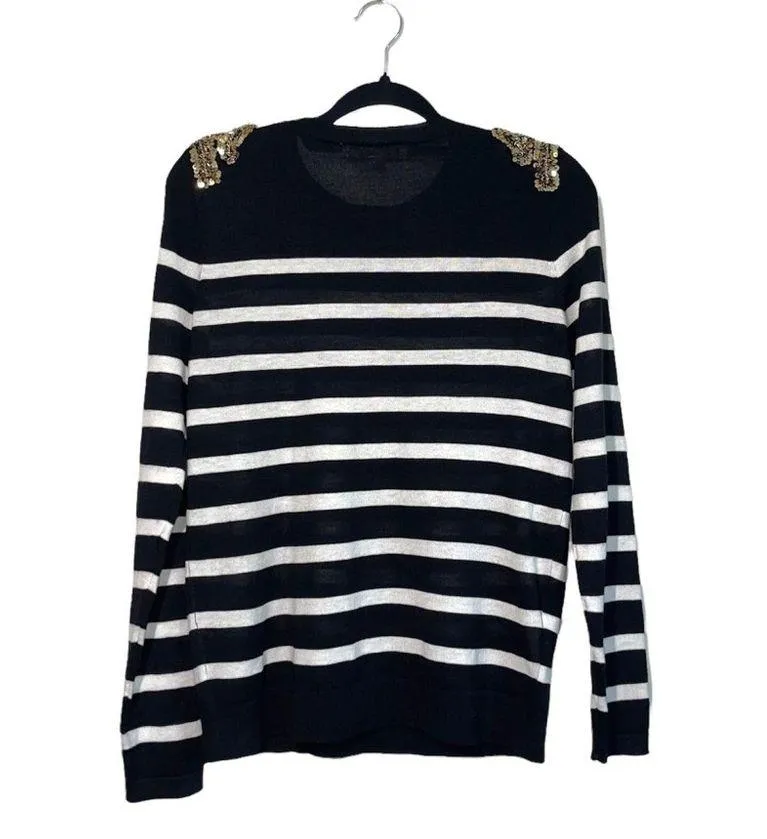 Ann Taylor  Black & White Striped Sequin Shoulder Sweater - Image 6