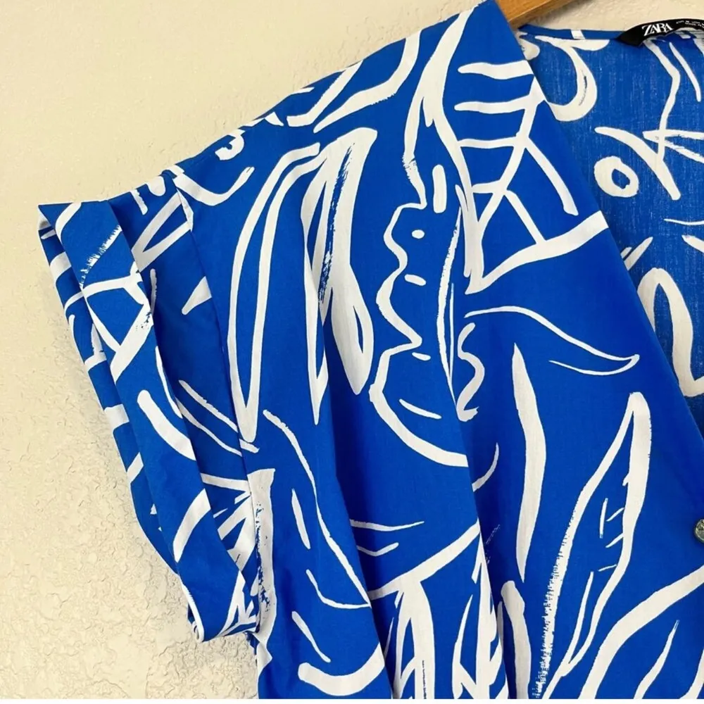 ZARA Blue & White Abstract Printed Mini Santorini Dress Size XS Cotton - Image 5