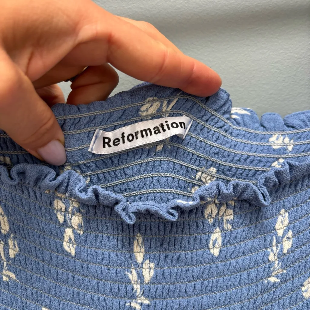 Reformation Elle Shirred Floral Print Georgette Mini Dress in Blue 2 - Image 8