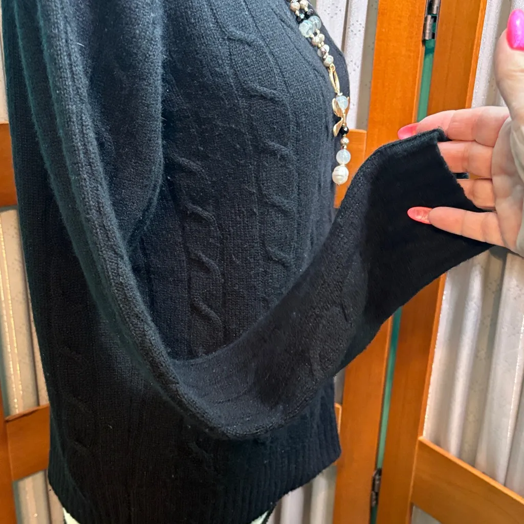 Classic Black Cashmere Cable Knit Sweater Size M - Image 5
