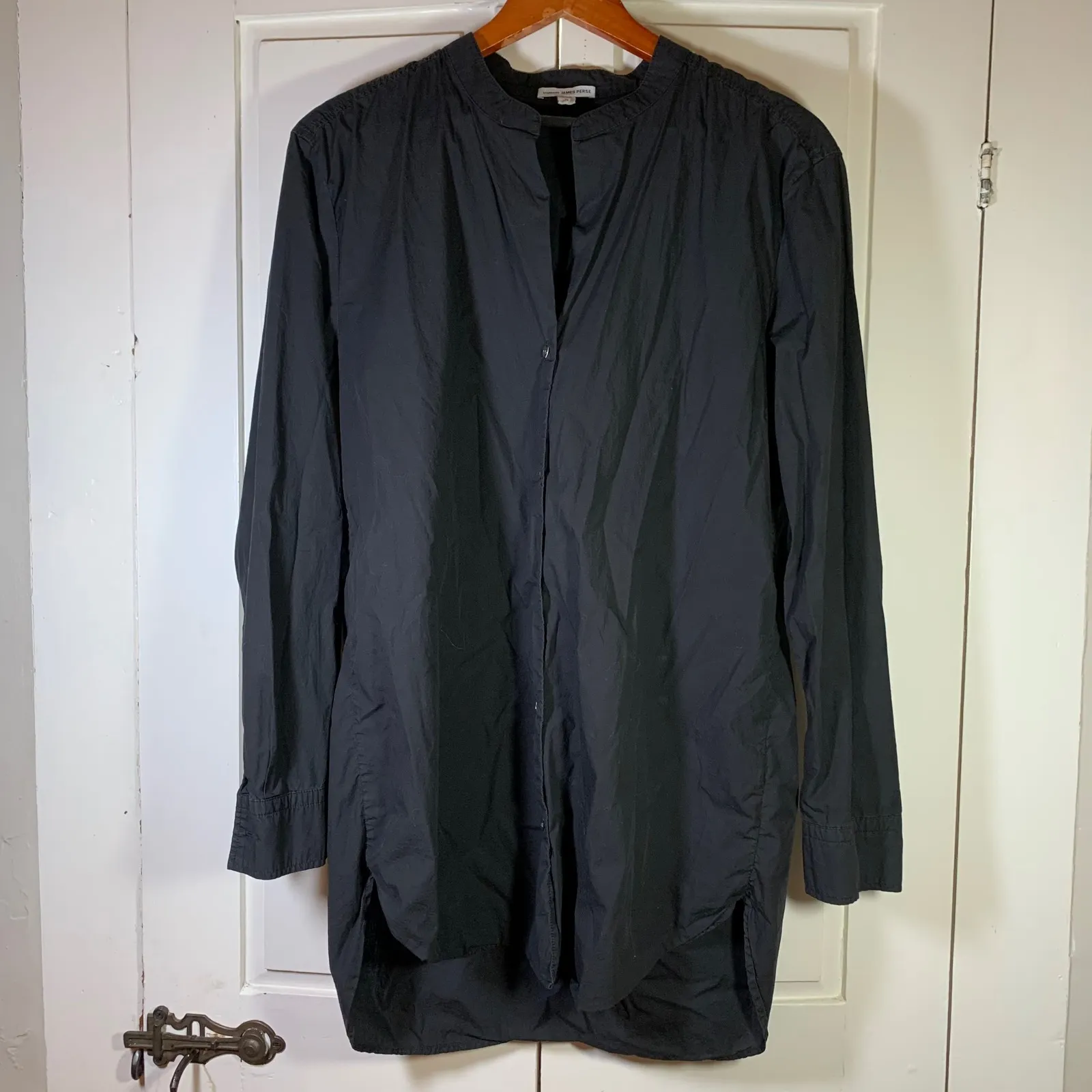 Standard JAMES PERSE Black Split Mandarin Collar Button-Up Cotton Shirt 3 Large‎ - Image 3