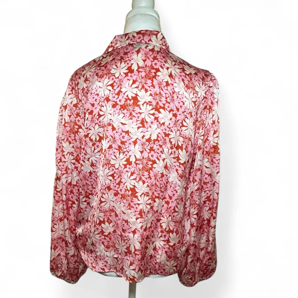 Eclair Blouse Floral Tie Front Button Down Satin Long Sleeve Red Pink Medium - Image 3