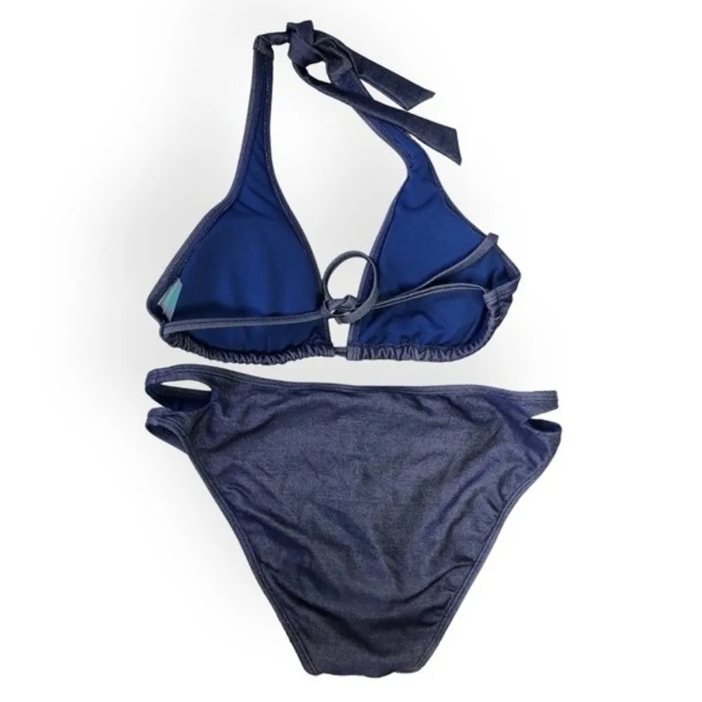 Sand Castle Dark Blue Denim Cutout Halter Neck Bikini Set Size L - Image 54