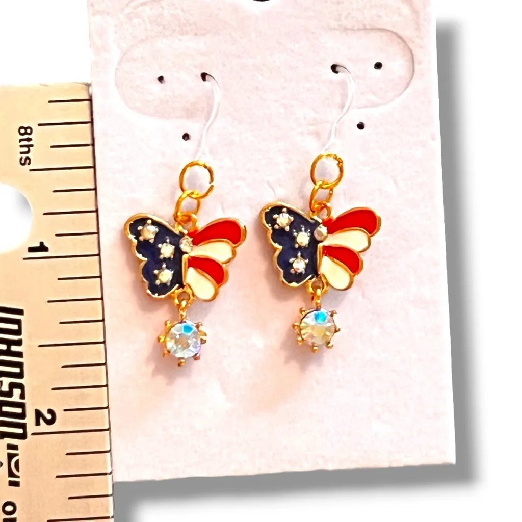 Hypoallergenic Goldtone Patriotic Red White Blue Butterfly Pierced Earrings Flag - Image 4