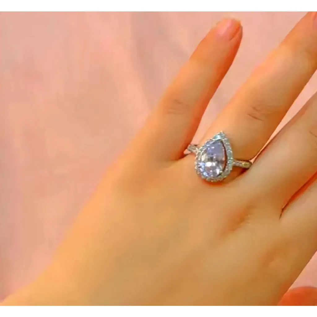 NEW Women's 3Ct Rhodium S925 Pear Halo Teardrop Engagement Ring, Size‎ 7 - Image 16