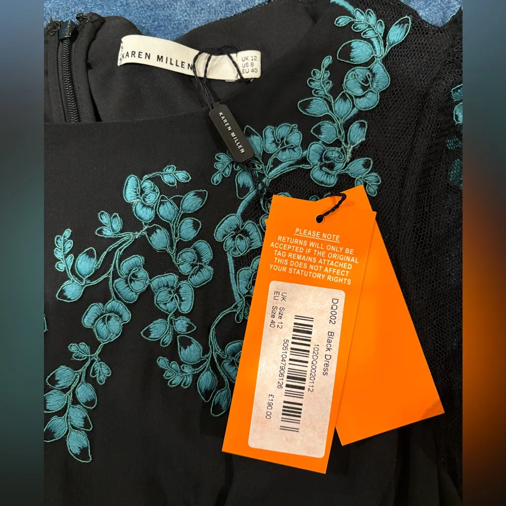 Karen Millen silk midi dress black blue embroidery pleats sz 8 new NWT - Image 3