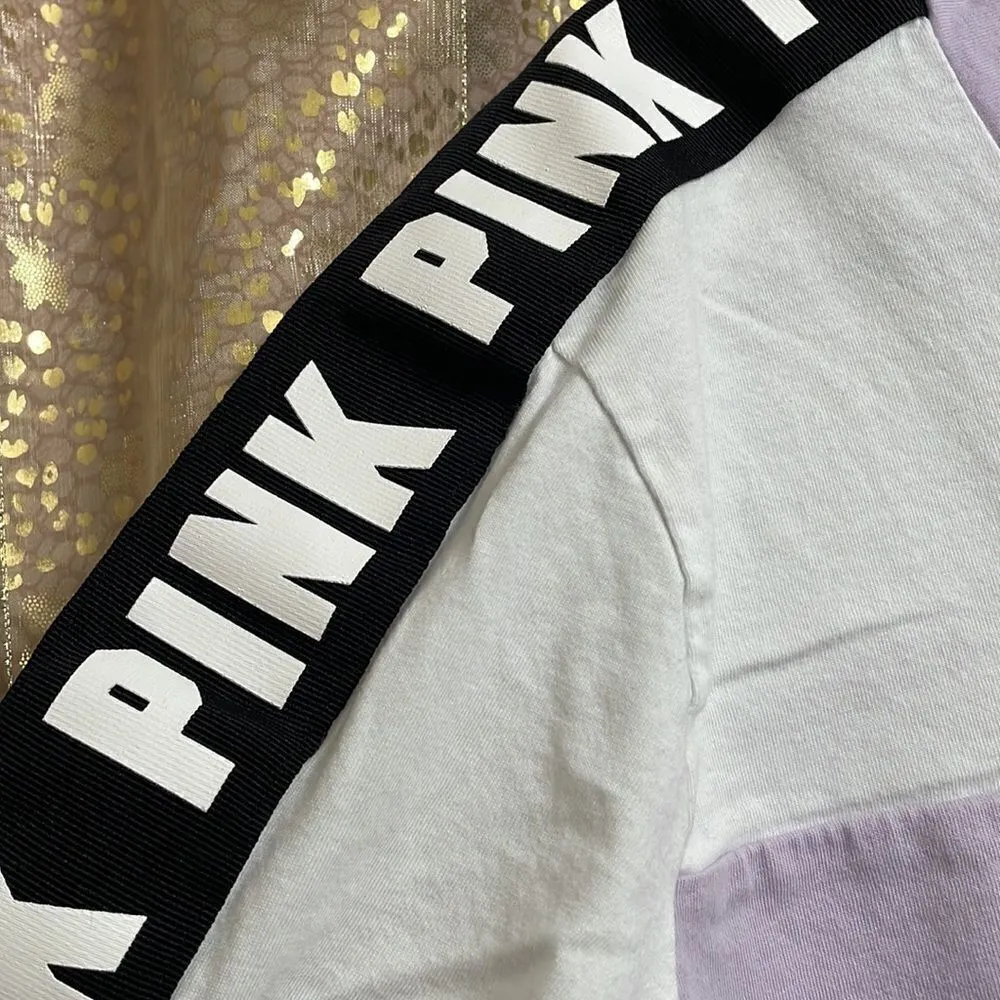 PINK Victorias Secret lavender/white/black lace up logo t-shirt, size S - Image 5
