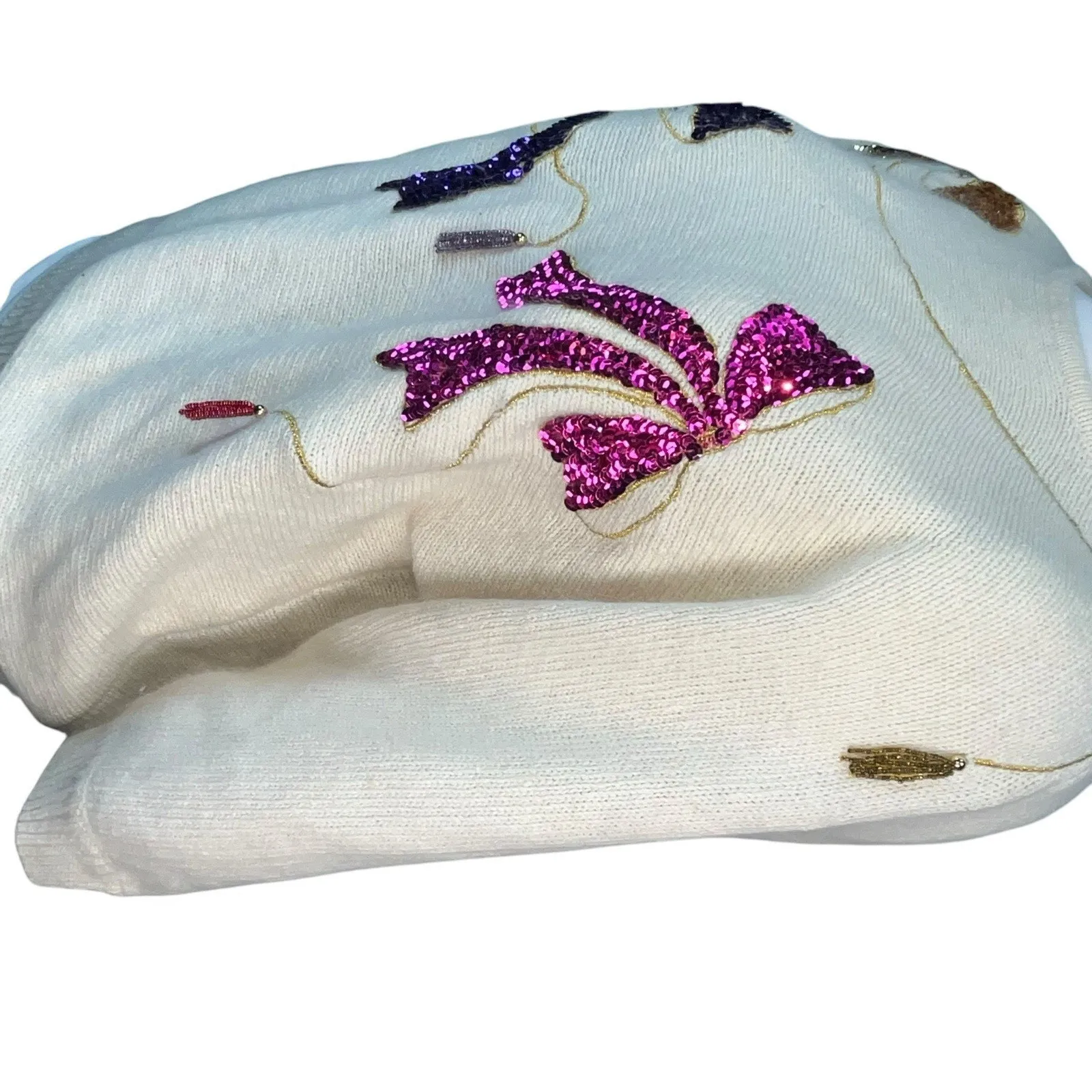 Work In Progress Women’s Vintage Ivory Sequins Beaded Silk Angora Bow Sweater‎ M Size M - Image 2