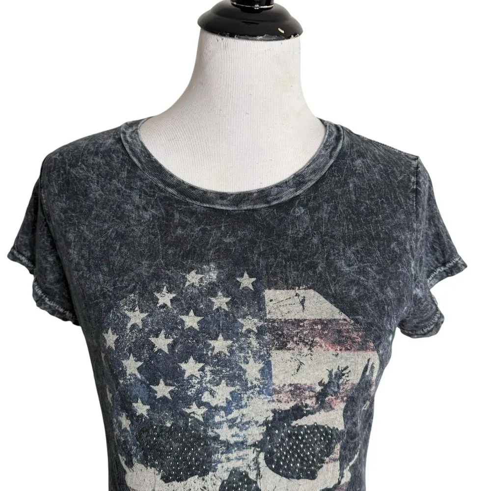 Body Central Y2K American Flag Skull Tee Size M L Rhinestone Distressed Grunge - Image 3