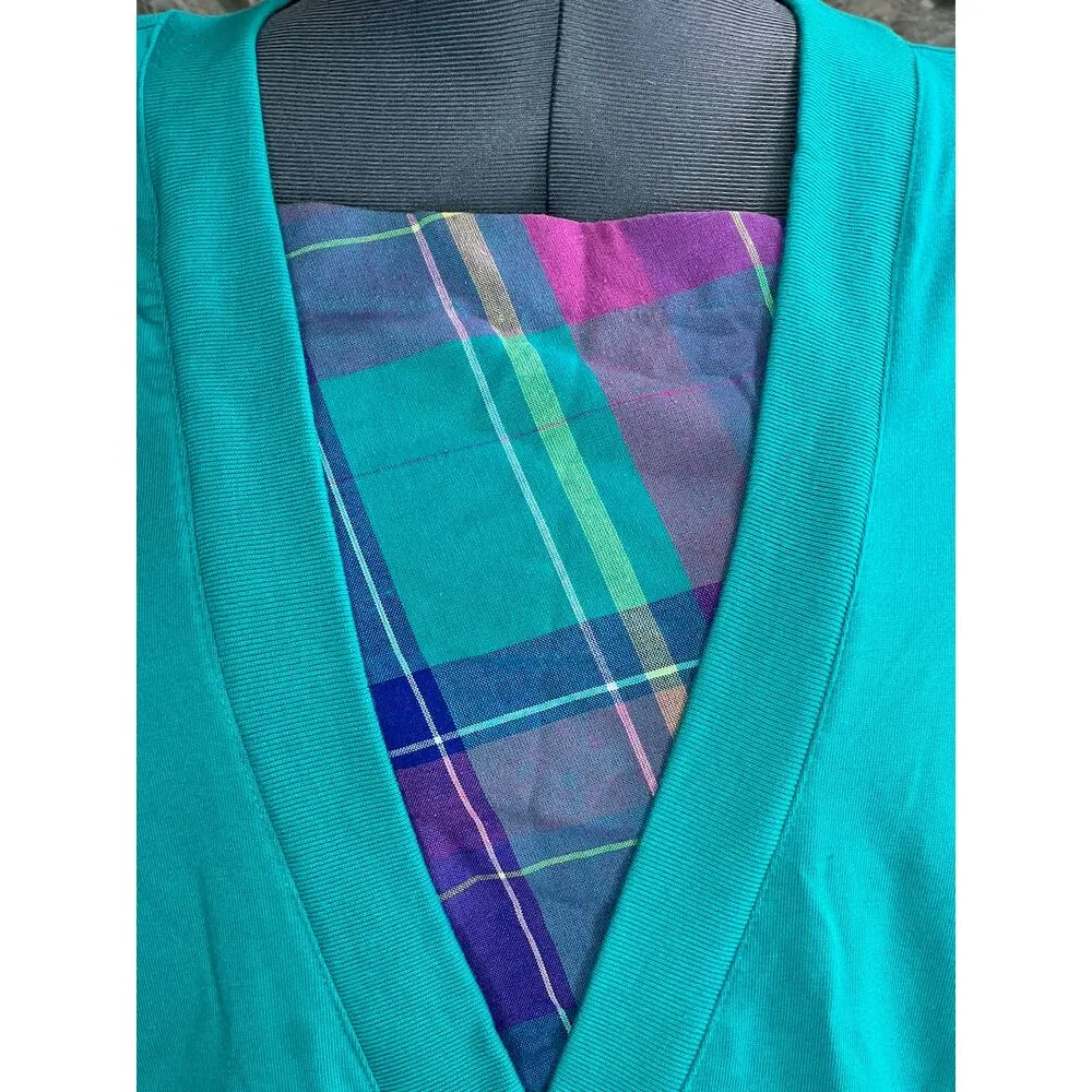 Jantzen T-shirt V neck plaid 1980s shoulder pads teal purple - Image 9