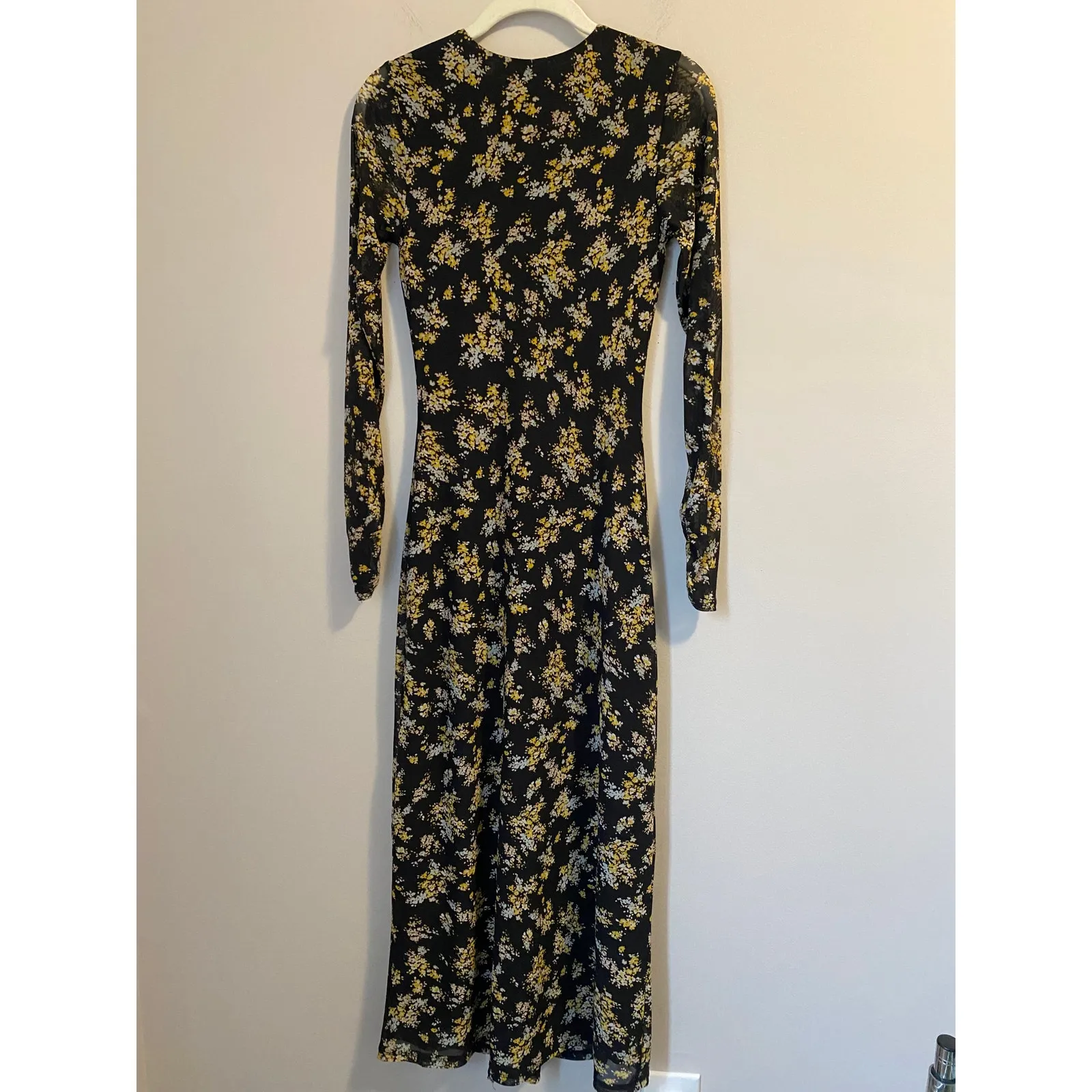 AFRM Tezza Black & Yellow Floral Ruched Mesh Midi Long Sleeves Dress Womens XS - Image 3