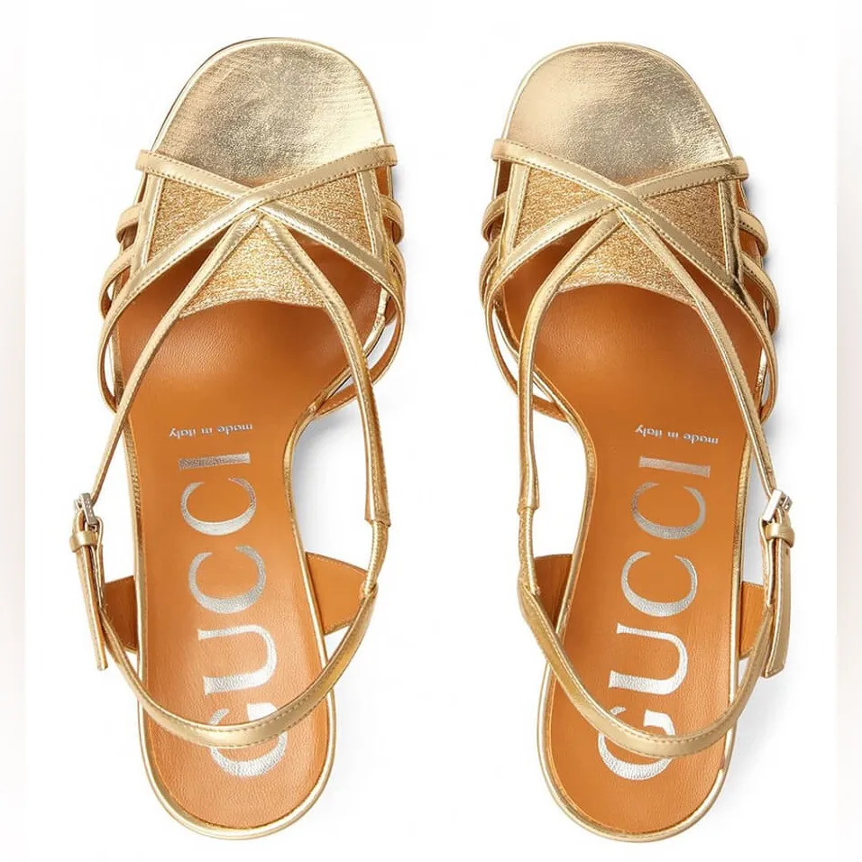 Gucci GG Gold Metallic Leather Cross Over Strap Slingback Sandals High Heels - Image 4