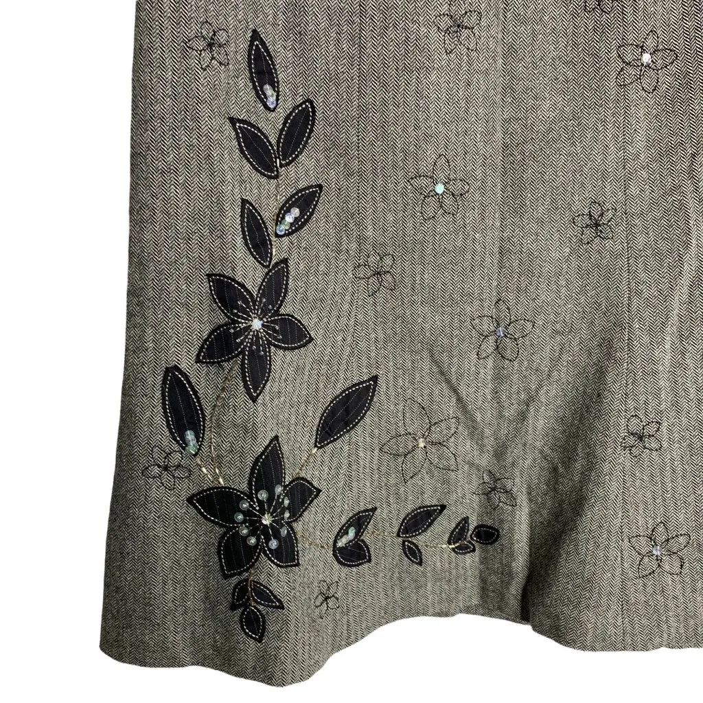 Vintage Jones New York Wool Blend Skirt 12P Black Herringbone Embroidered Lined - Image 3