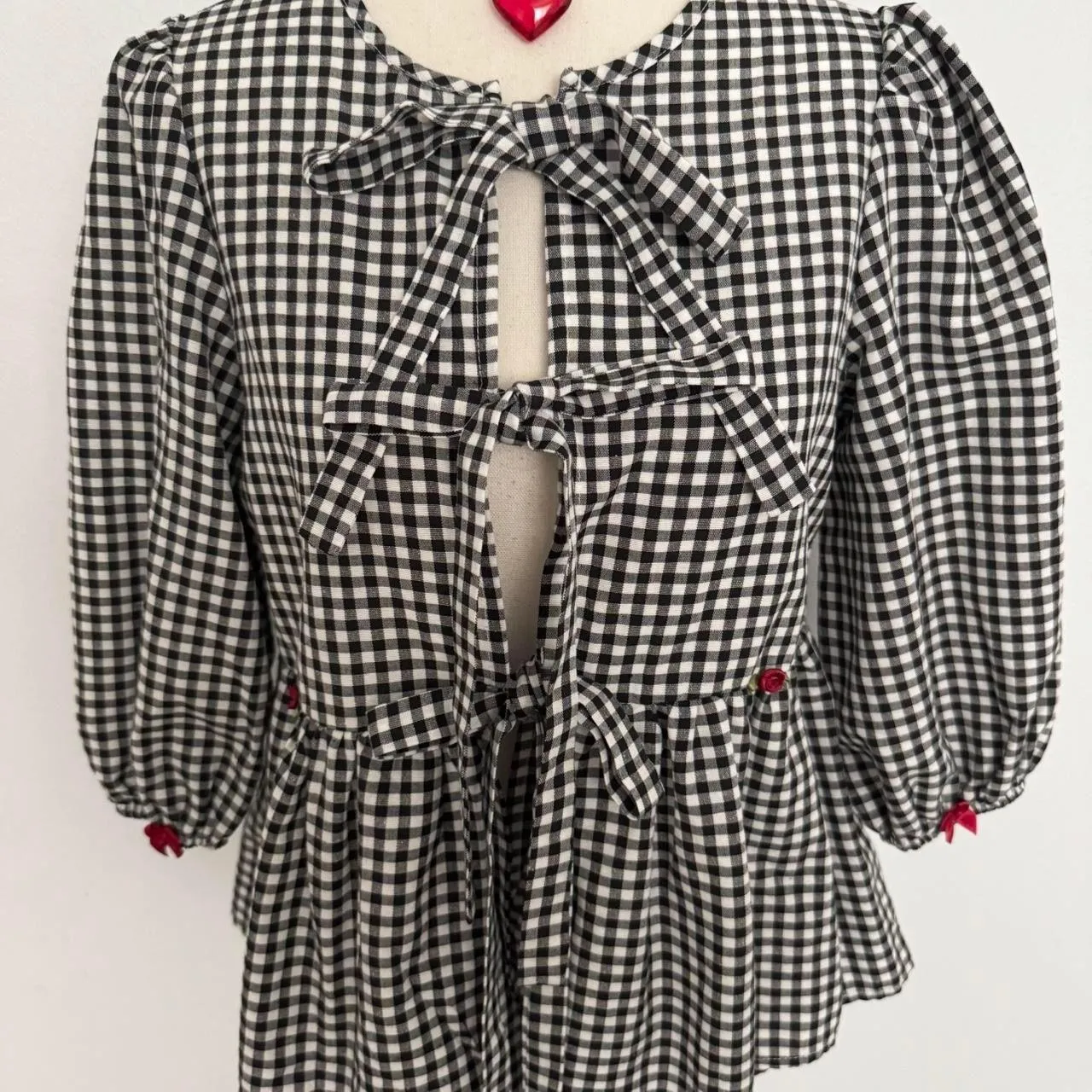 black & white gingham bow tie up blouse with mini red bows & red rosebuds - Image 6