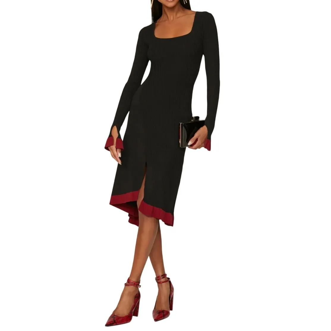 Esteban Cortazar x RTR Square Neck Sweater Dress in Black/Red, Size S Black - Image 2