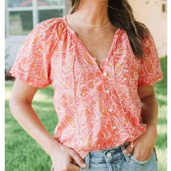 Cleobella Floral Boho Blouse Medium Pink Orange Puff Sleeve Button Front Top - Image 12