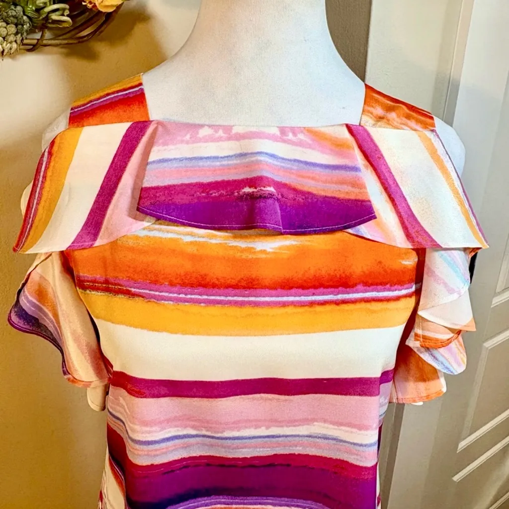 AMANDA UPRICHARD Watercolor Stripe Ruffle Shoulder Dress Petite (Small)💛 - Image 4