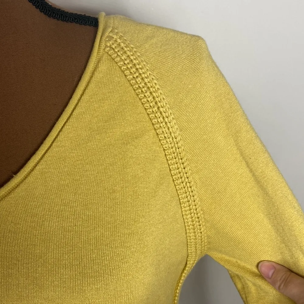Cabi v-neck braided trim roll edge rib hem cotton angora sweater in citron sz S - Image 7